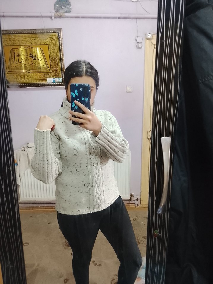 Gri Örgü Boğazlı Kadın Kazak - Görsel 2