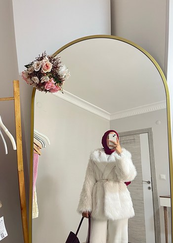 diğer Beden Beyaz Midi Suni Kürk Detaylı Ceket