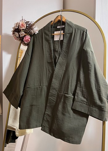 diğer Beden Uzun Kesim Haki Keten Kadın Kimono