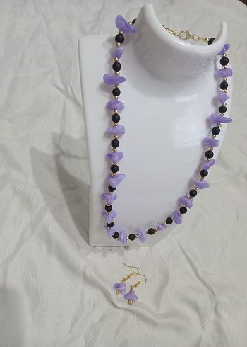 Mor Boncuklu Kısa Kadın Kolye ve Küpe Seti - Görsel 6