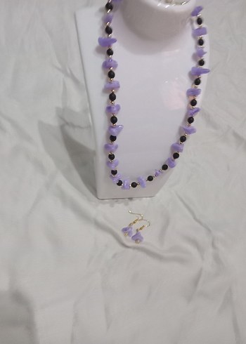 Mor Boncuklu Kısa Kadın Kolye ve Küpe Seti - Görsel 5