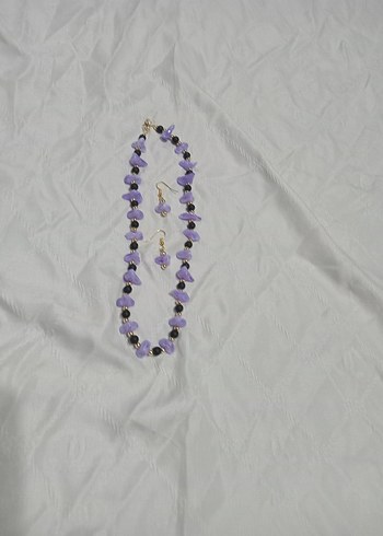 Mor Boncuklu Kısa Kadın Kolye ve Küpe Seti - Görsel 3