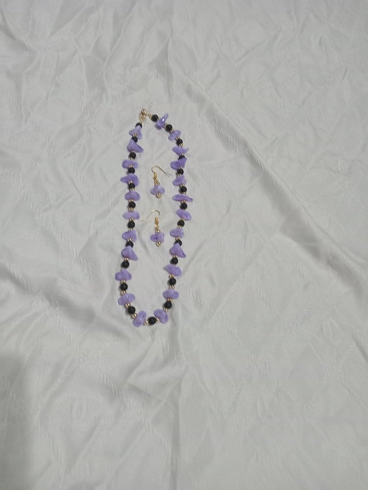 Mor Boncuklu Kısa Kadın Kolye ve Küpe Seti - Görsel 3