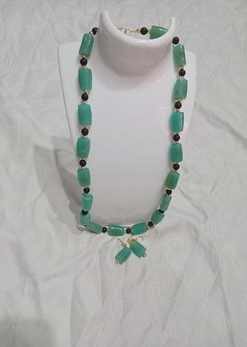 Uzun Turkuaz Boncuklu Kadın Kolye ve Küpe Seti - Görsel 4