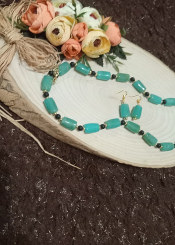 Uzun Turkuaz Boncuklu Kadın Kolye ve Küpe Seti - Görsel 6