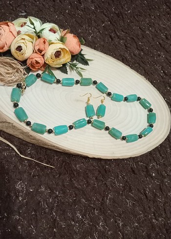 Uzun Turkuaz Boncuklu Kadın Kolye ve Küpe Seti - Görsel 7