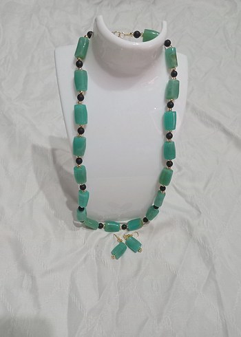 Uzun Turkuaz Boncuklu Kadın Kolye ve Küpe Seti - Görsel 5