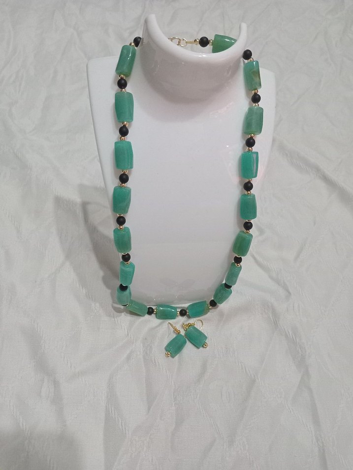 Uzun Turkuaz Boncuklu Kadın Kolye ve Küpe Seti - Görsel 4