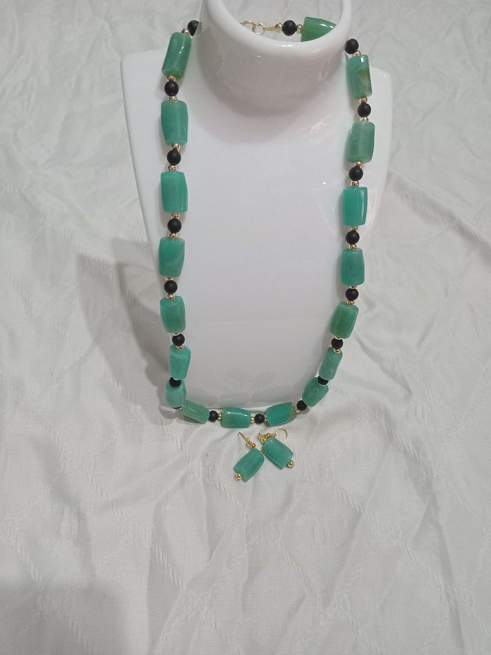 Uzun Turkuaz Boncuklu Kadın Kolye ve Küpe Seti - Görsel 3