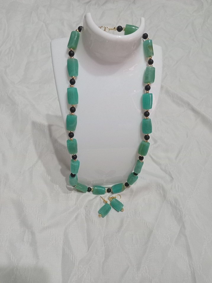 Uzun Turkuaz Boncuklu Kadın Kolye ve Küpe Seti - Görsel 5