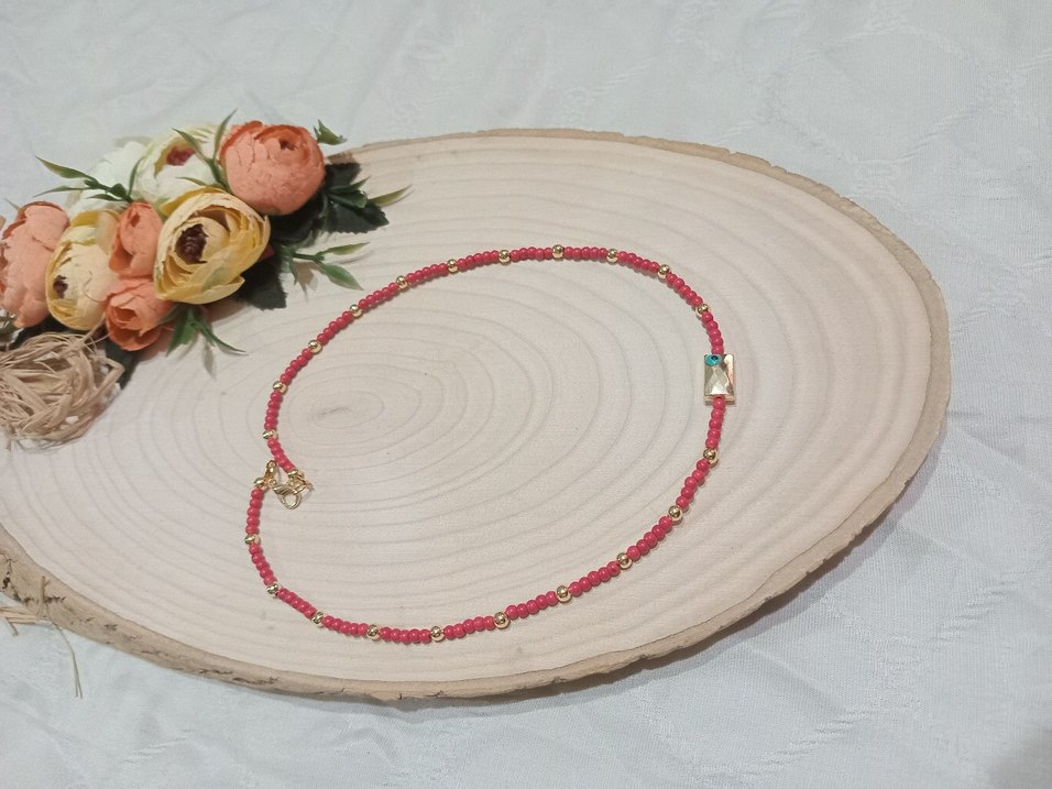 Pembe Boncuklu Mini Bohem Kolye - Görsel 3