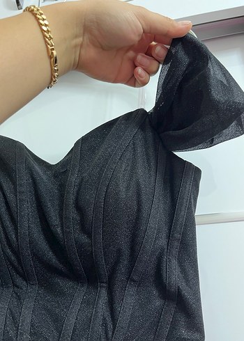Siyah Parlak Midi Drapeli Strappy Elbise