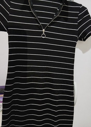 Siyah beyaz çizgili midi boy kalem elbise - Görsel 7