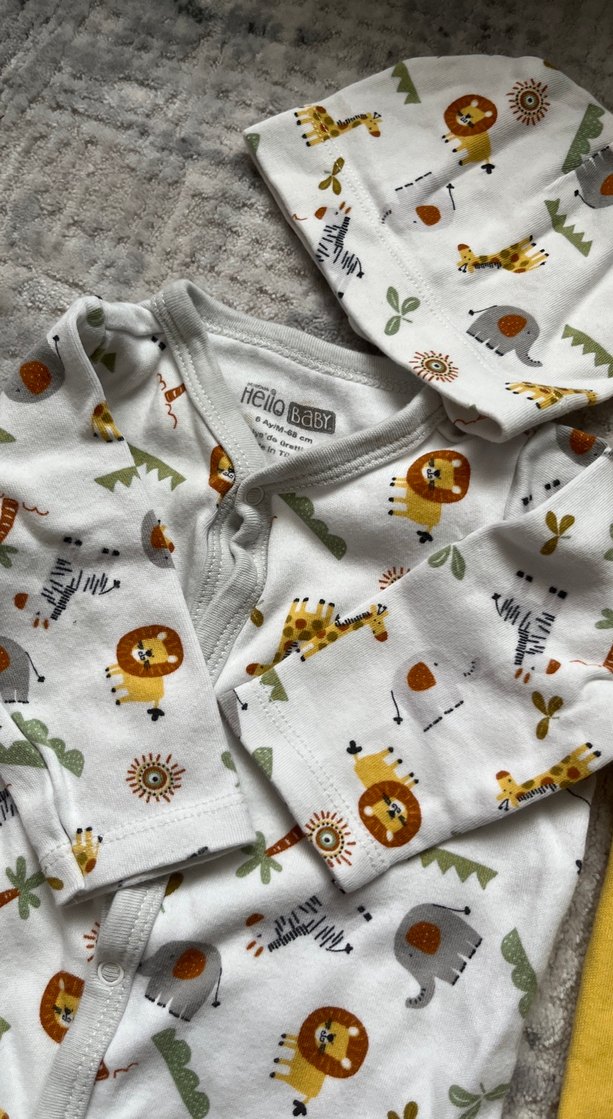 Sarı Bebek Tulum , Desenli  tulum ve Şapkaları - Görsel 3