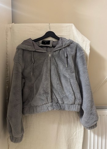 Gri Peluş Kadın Ceket Kapüşonlu - Görsel 2