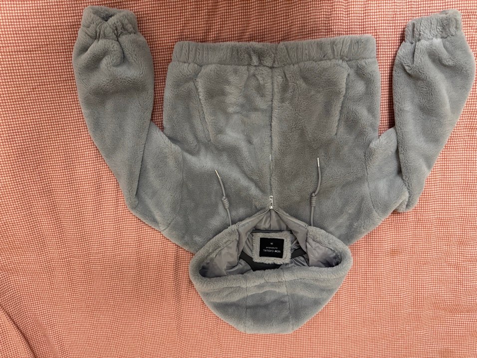 Gri Peluş Kadın Ceket Kapüşonlu - Görsel 4