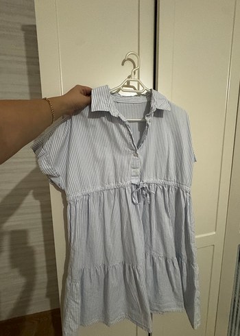 xl Beden mavi Renk Gri Çizgili Kısa Kollu Midi Elbise