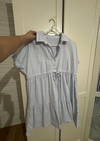 xl Beden Gri Çizgili Kısa Kollu Midi Elbise