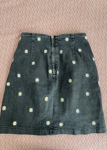 Stradivarius Nakışlı Gri Denim Midi Etek
