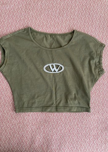 Kadın V Yaka Kısa Kollu Haki Crop Top