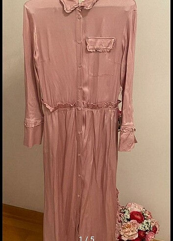 H&M PUDRA PEMBE RENGİ UZUN ELBİSE