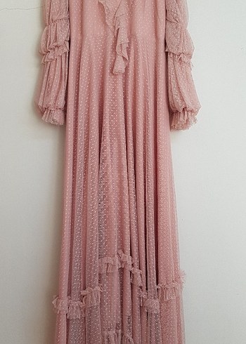 Pembe Bohem Nakışlı Uzun Elbise