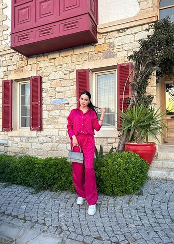 Pembe Düğmeli Uzun Kollu Kadın ikili Takım