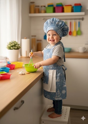 Çocuk Mavi Baskılı Mutfak Önlüğü ve Bone Seti - Görsel 5