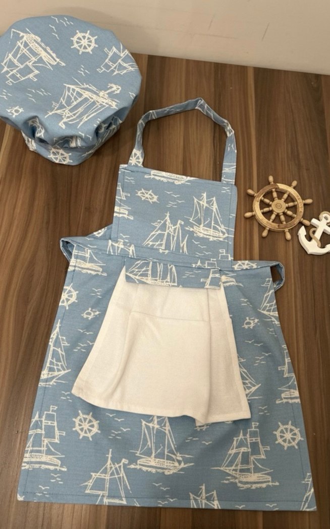 Çocuk Mavi Baskılı Mutfak Önlüğü ve Bone Seti - Görsel 2