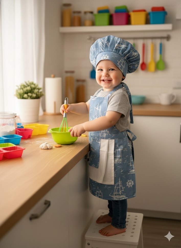 Çocuk Mavi Baskılı Mutfak Önlüğü ve Bone Seti - Görsel 5