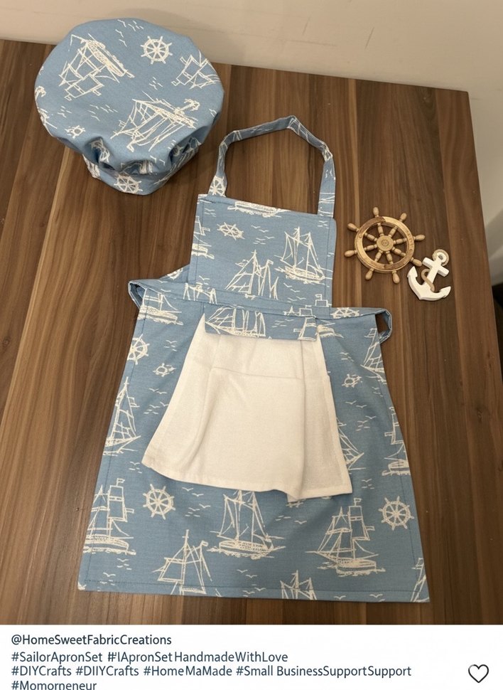 Çocuk Mavi Baskılı Mutfak Önlüğü ve Bone Seti - Görsel 3