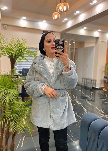 Gri Uzun Kadın Suni Kürk Ceket - Görsel 3