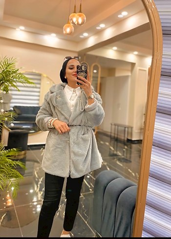 Gri Uzun Kadın Suni Kürk Ceket - Görsel 4