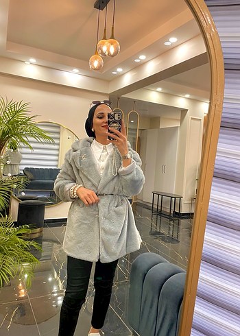 Gri Uzun Kadın Suni Kürk Ceket - Görsel 5