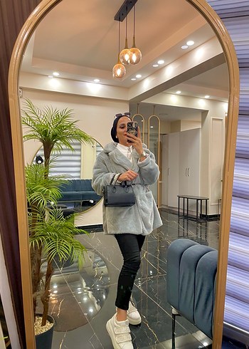 Gri Uzun Kadın Suni Kürk Ceket - Görsel 6