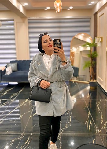 Gri Uzun Kadın Suni Kürk Ceket - Görsel 7