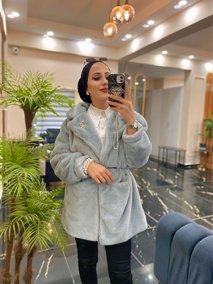 Gri Uzun Kadın Suni Kürk Ceket - Görsel 3