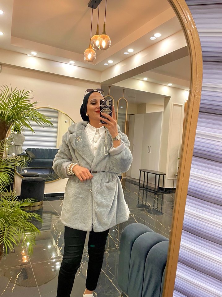 Gri Uzun Kadın Suni Kürk Ceket - Görsel 5