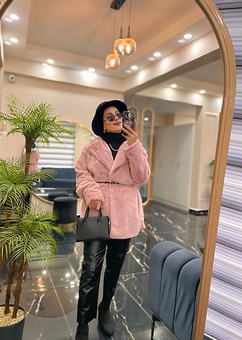 Pembe Bağcıklı Midi Suni Kürk Ceket Astarlı - Görsel 3