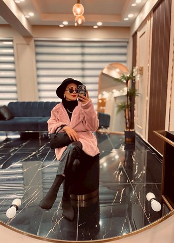 Pembe Bağcıklı Midi Suni Kürk Ceket Astarlı - Görsel 5