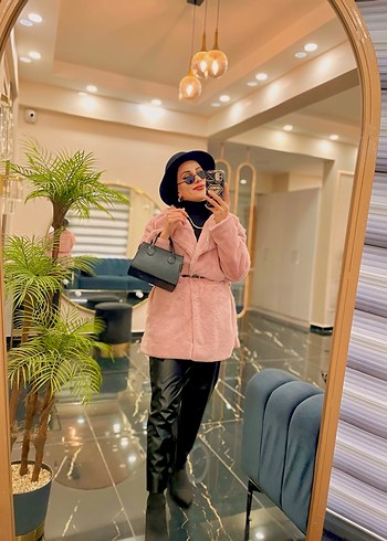 Pembe Bağcıklı Midi Suni Kürk Ceket Astarlı - Görsel 6