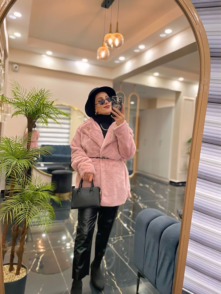 Pembe Bağcıklı Midi Suni Kürk Ceket Astarlı - Görsel 3