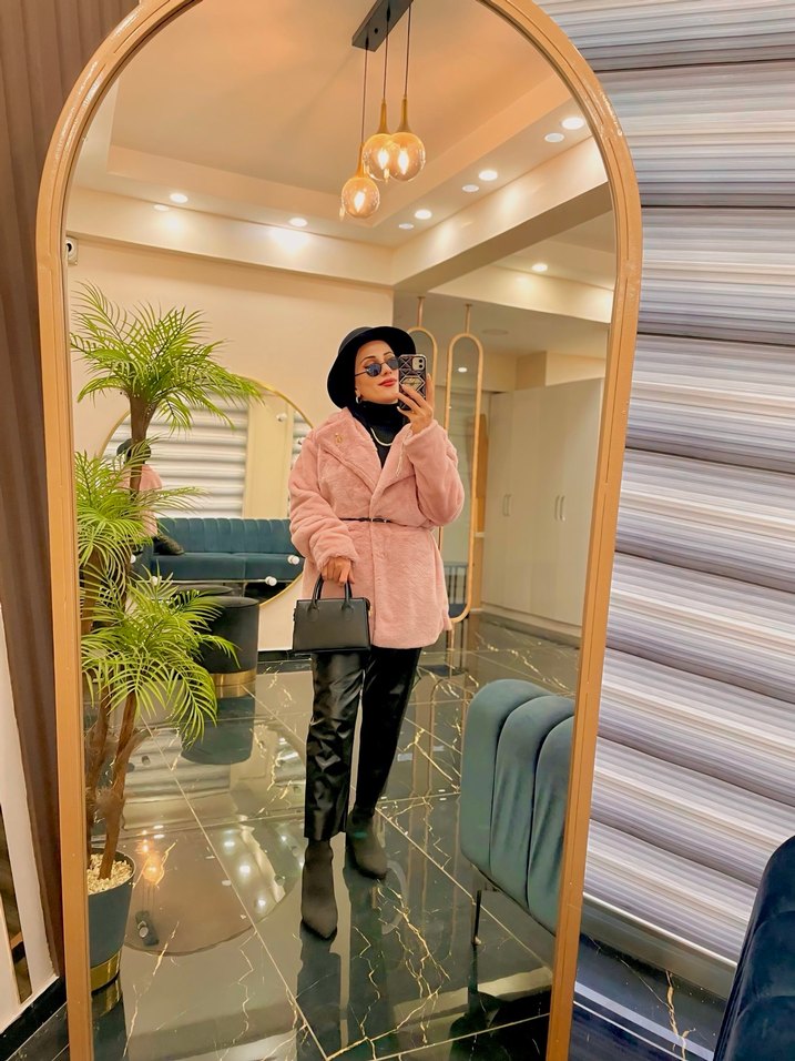 Pembe Bağcıklı Midi Suni Kürk Ceket Astarlı - Görsel 4