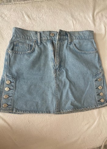 Düğmeli Mavi Denim Mini Etek