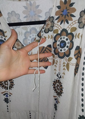 38 Beden camel Renk Nakışlı Beyaz Bohem Uzun Elbise