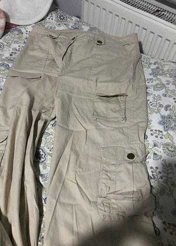 Kadın Bej Keten Düğmeli Rahat Kesim Pantolon