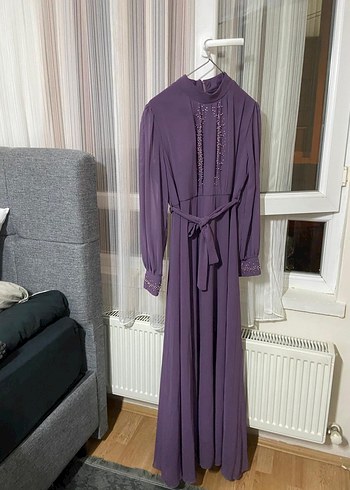 44 Beden mor Renk Uzun Kollu Mor İşlemeli Kadın Elbise