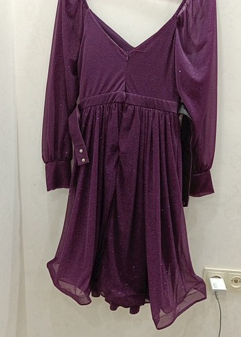 Mor Uzun Kollu Drapeli Kadın Abiye Elbise - Görsel 5