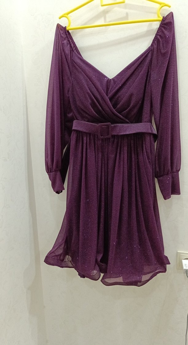 Mor Uzun Kollu Drapeli Kadın Abiye Elbise - Görsel 3