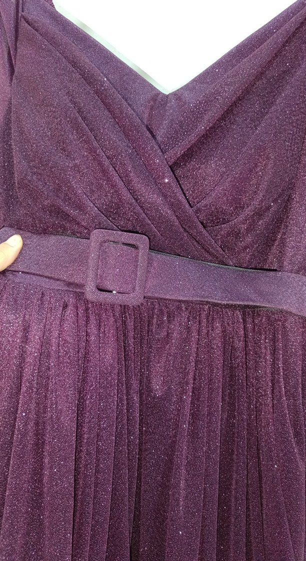 Mor Uzun Kollu Drapeli Kadın Abiye Elbise - Görsel 2